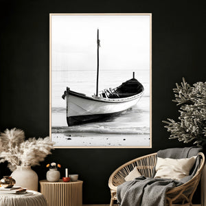 Minimal Boat Wall Art Canvas Print – Black and White Coastal