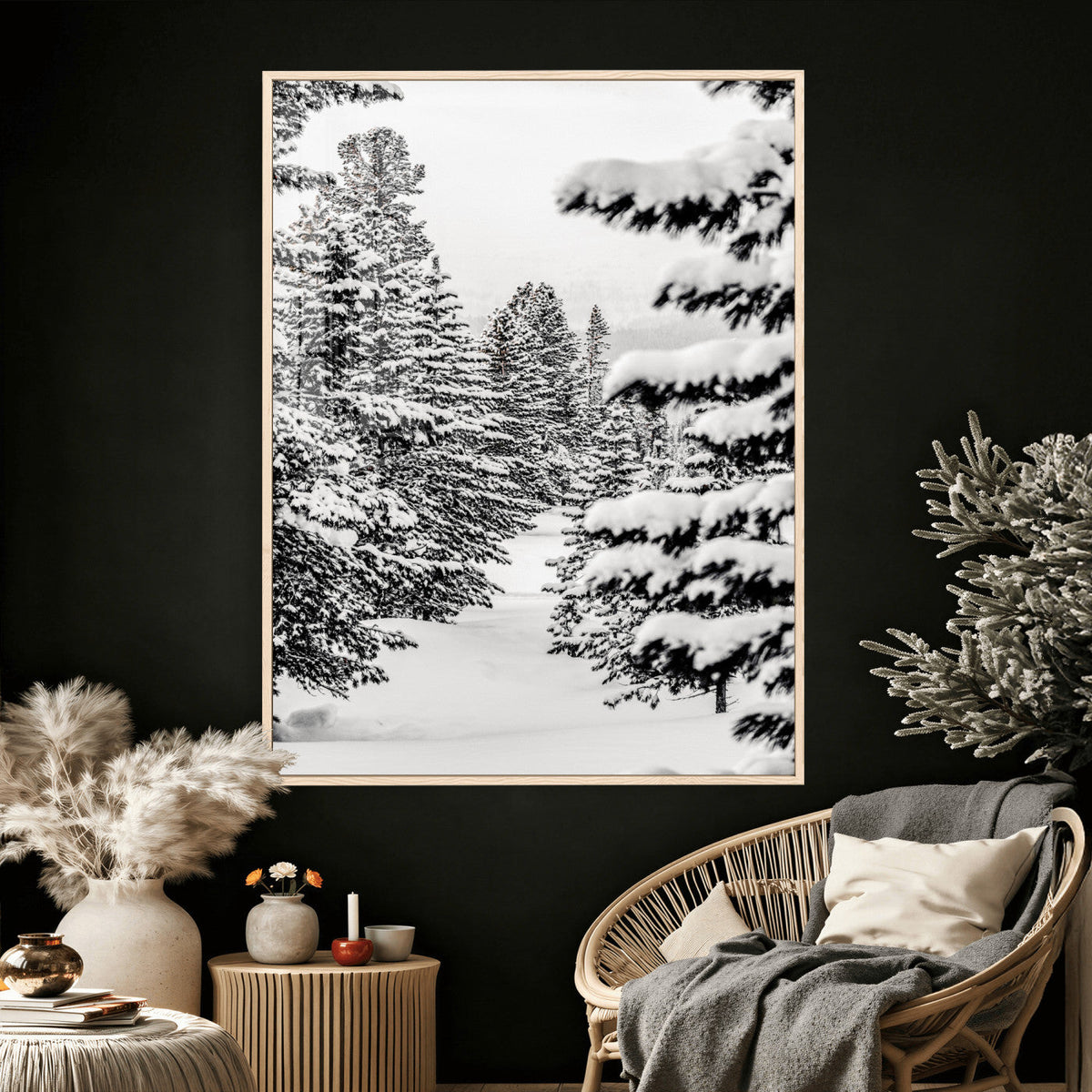 Winter Pine Forest Wall Art Canvas Print, Minimal Winter