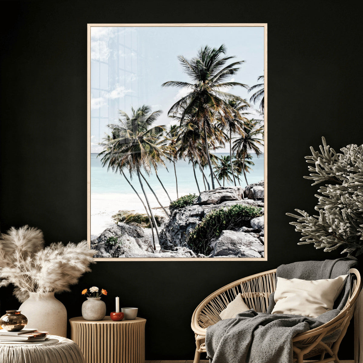 Tropical Trees Beach Wall Art Canvas Print, Coastal Ocean