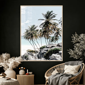 Tropical Trees Beach Wall Art Canvas Print, Coastal Ocean