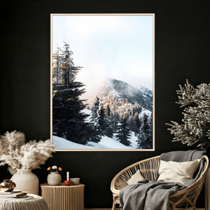 Snowy Mountain Forest Wall Art Canvas Print, Winter Pine