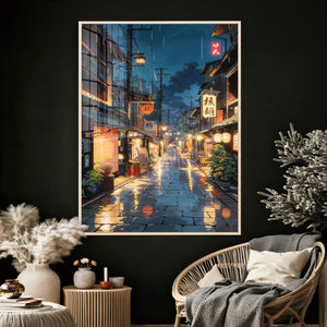 Tokyo Tea House Canvas Wall Art — Japan Rainy Night Street