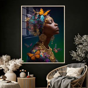 Butterfly Crown Gold Woman Portrait — Monarch Queen Canvas