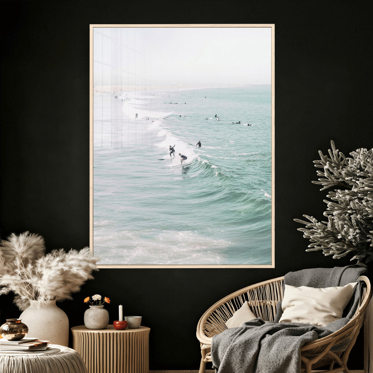 Surfers on Waves Canvas Wall Art, Aerial Ocean Photography