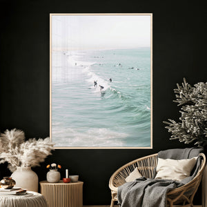 Surfers on Waves Canvas Wall Art, Aerial Ocean Photography