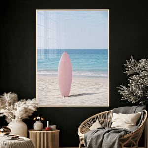 Pink Surfboard Canvas Wall Art, Minimalist Beach Photography