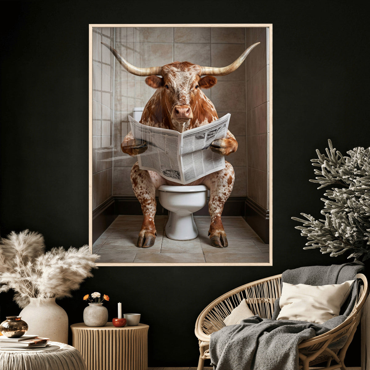 Funny Bathroom Canvas Wall Art, Texas Longhorn on Toilet