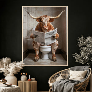 Funny Bathroom Canvas Wall Art, Texas Longhorn on Toilet