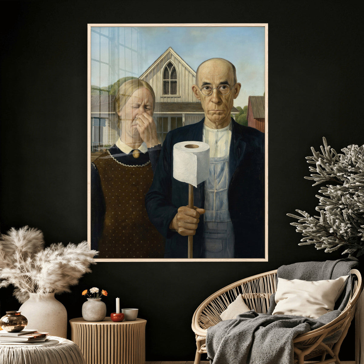 Funny Bathroom Canvas Wall Art, Grant Wood American Gothic