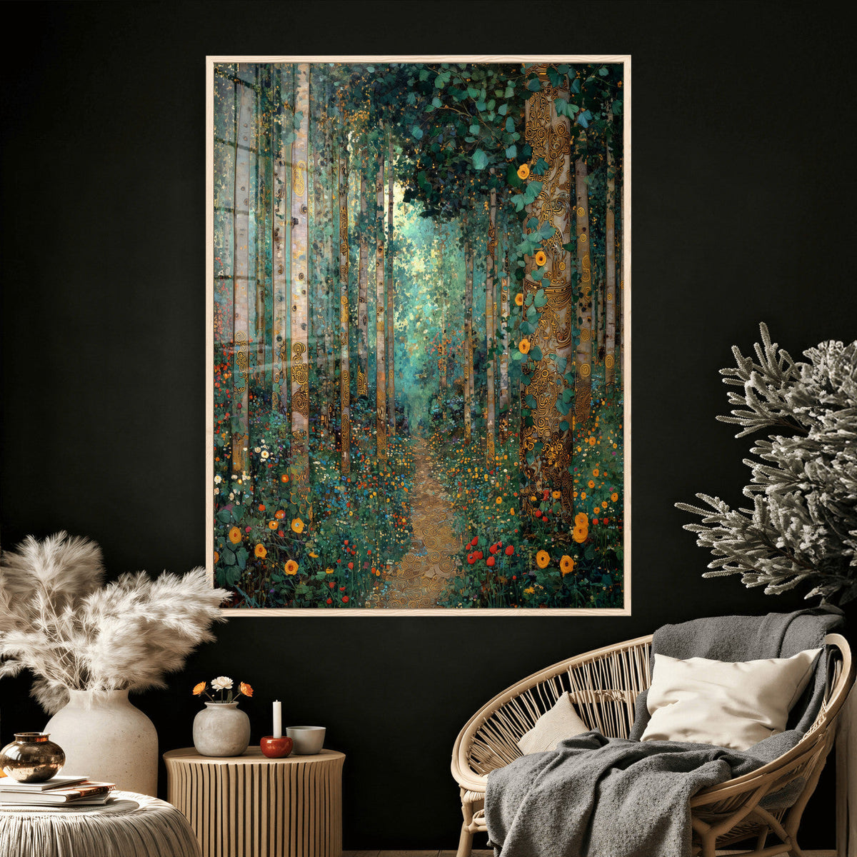 Gustav Klimt Style Forest Canvas Wall Art, Golden Forest