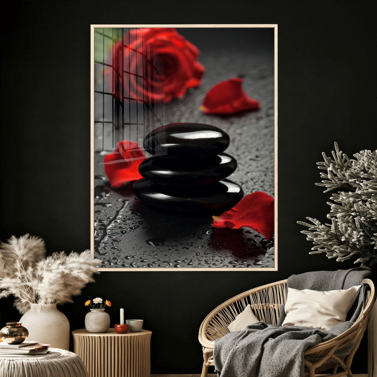 Black Lava Stone Rose Canvas | Red Rose Spa Photography