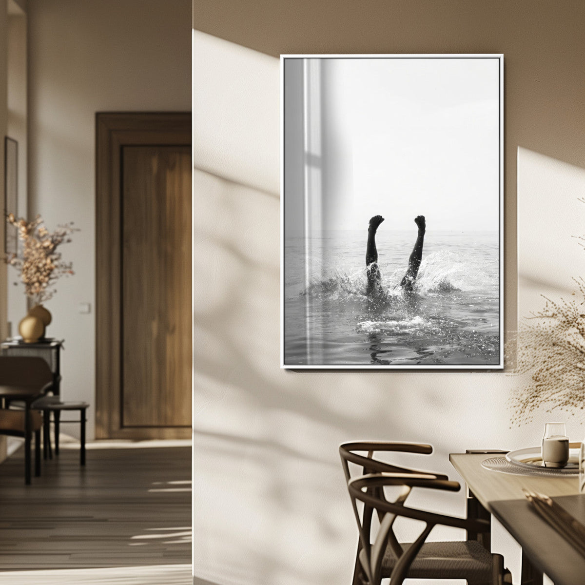 Minimal Ocean Wall Art Canvas Print – Framed Monochrome