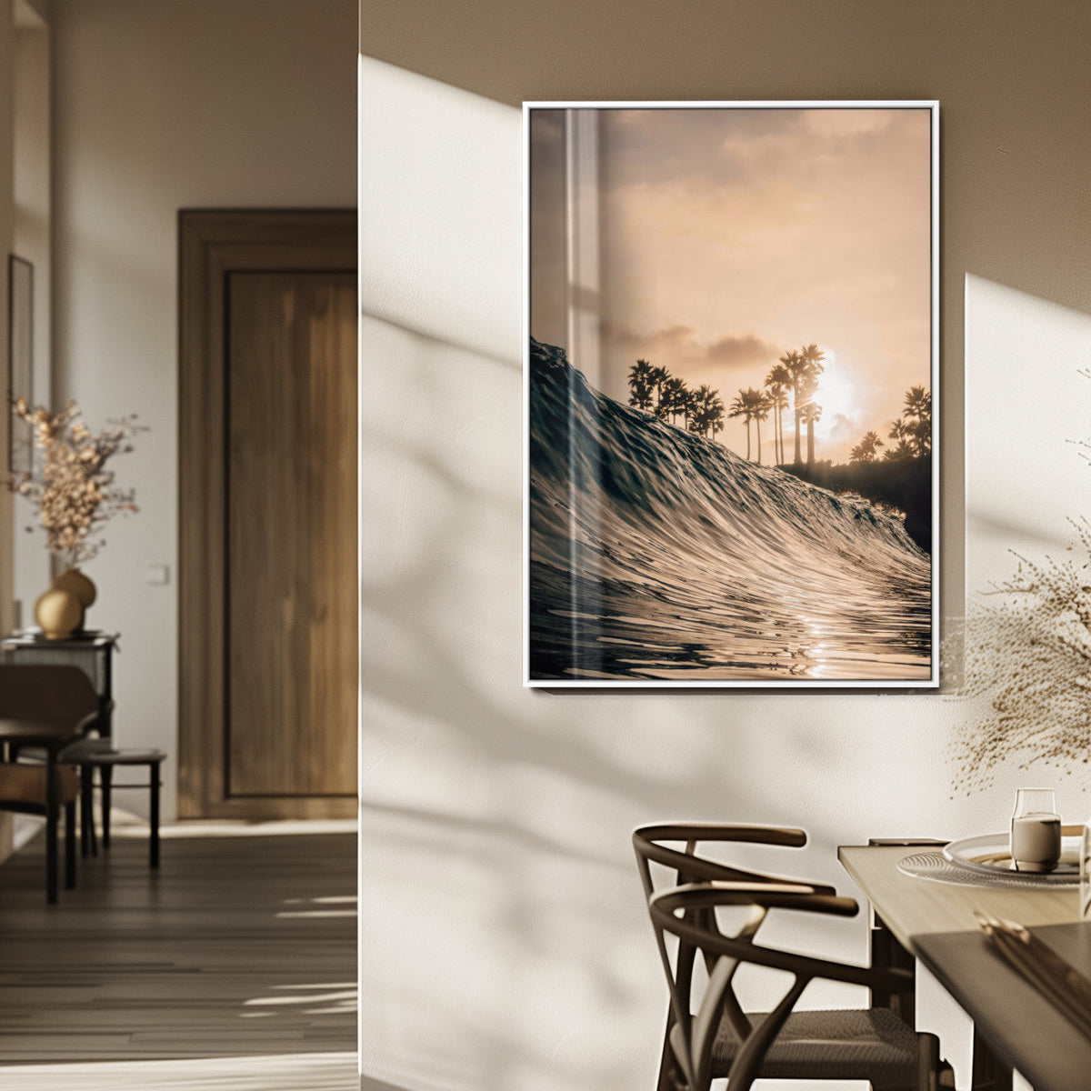 Sunset Wave Ocean Wall Art – Framed Palm Tree Canvas