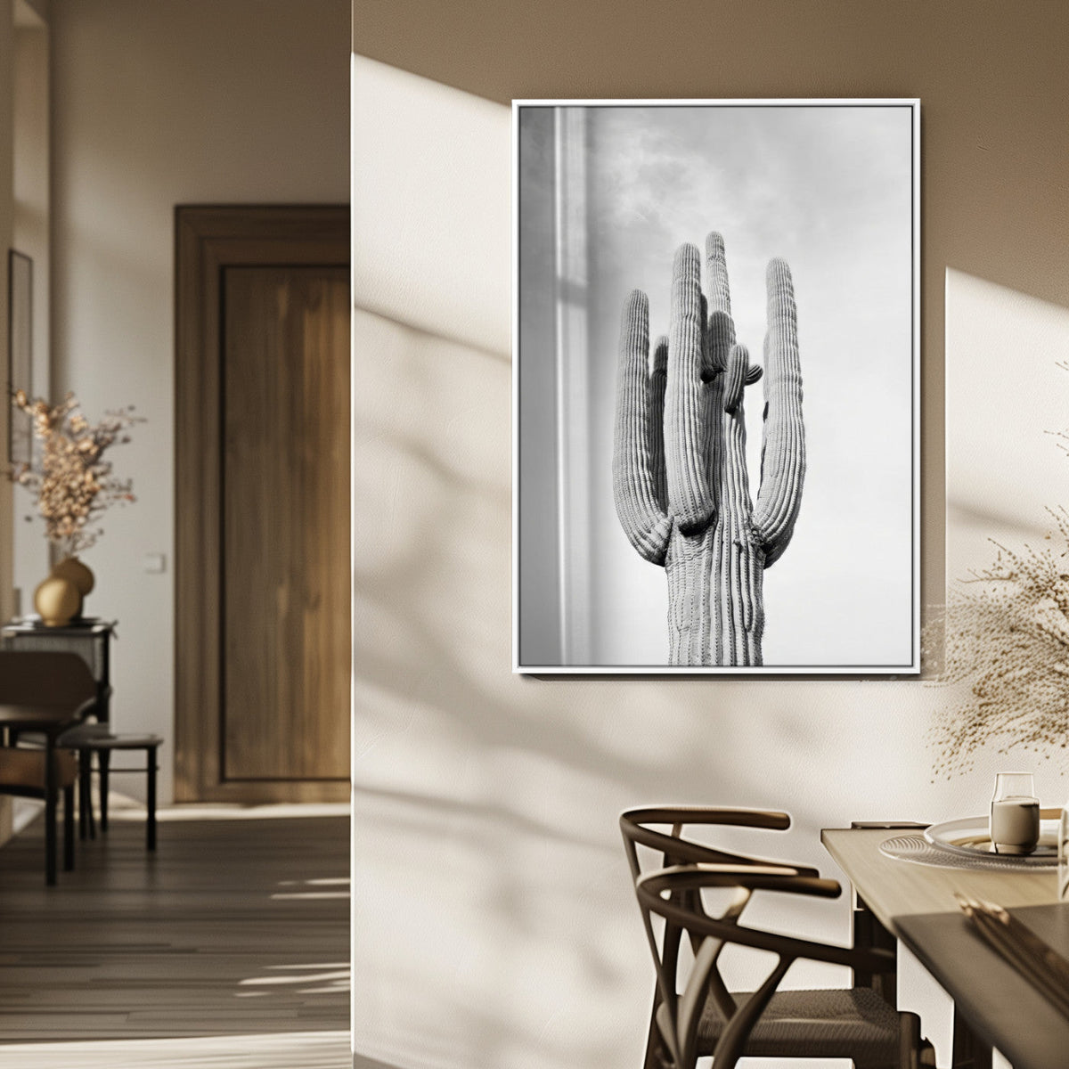 Saguaro Cactus Wall Art – Black and White Desert Canvas