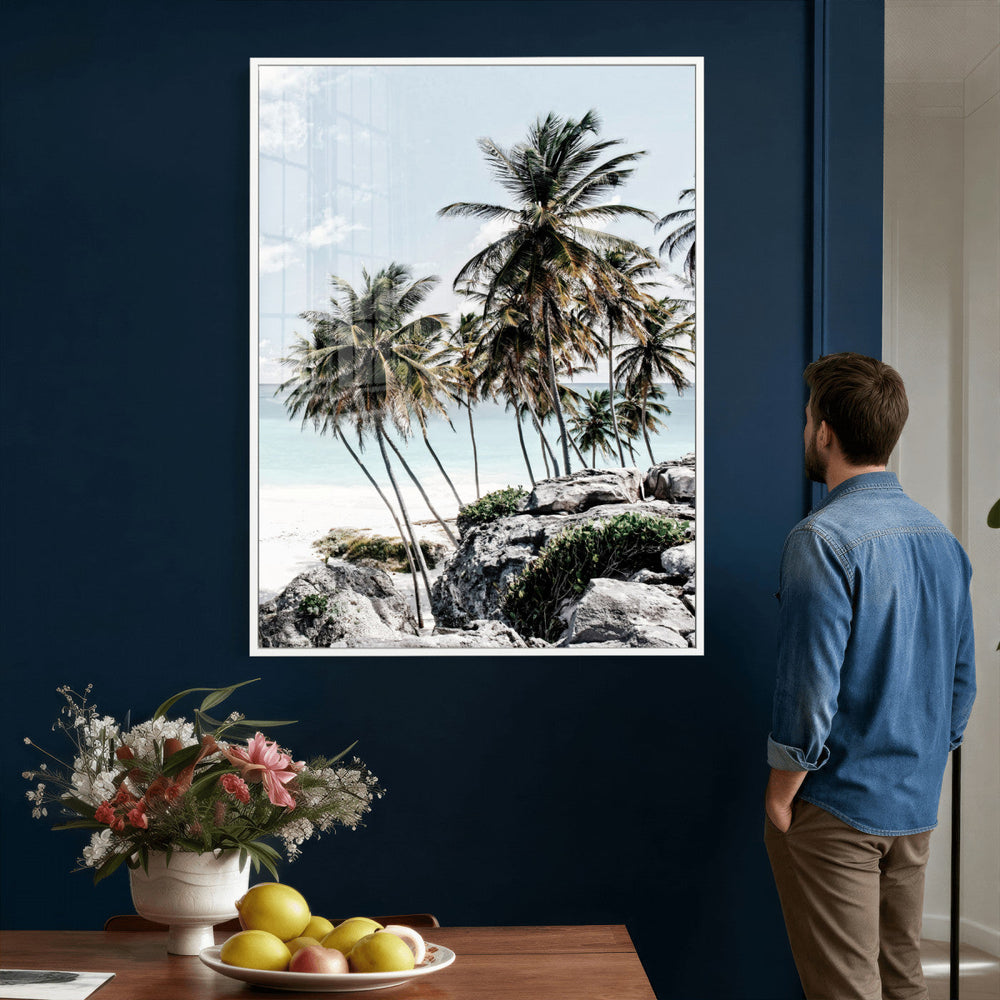 Tropical Trees Beach Wall Art Canvas Print, Coastal Ocean