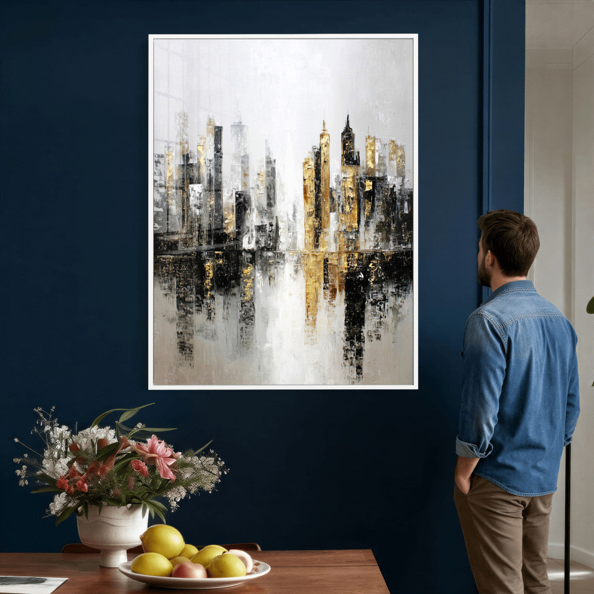 Abstract New York Wall Art Canvas Print, Gold Black Modern