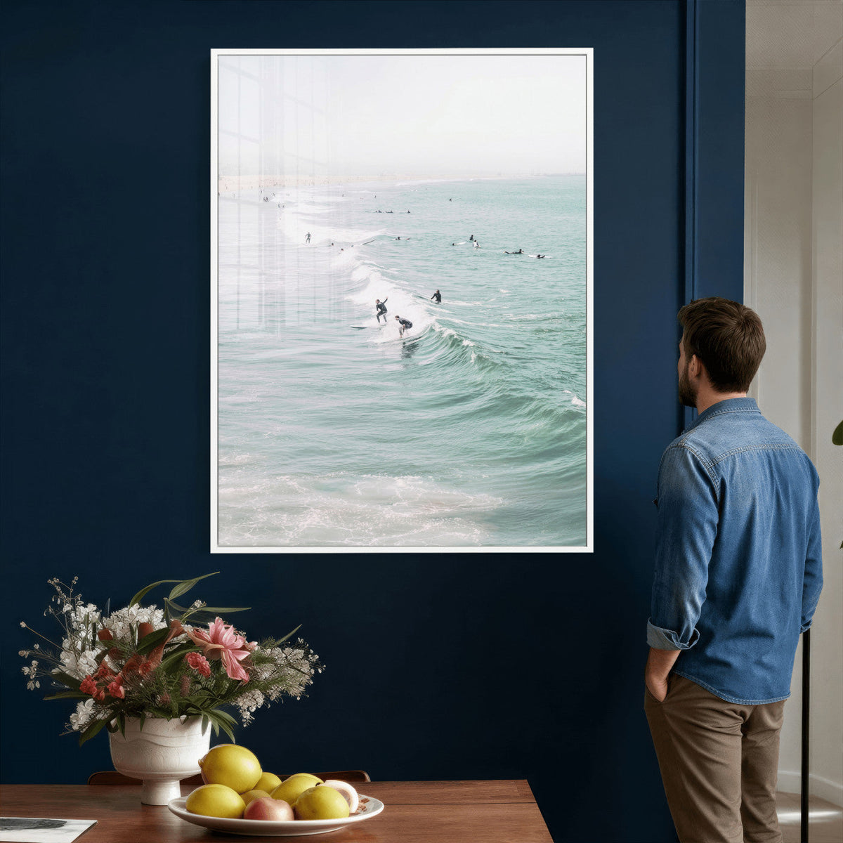 Surfers on Waves Canvas Wall Art, Aerial Ocean Photography