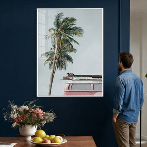 VW Van Palm Tree Canvas Wall Art, Pink Camper Surfboards