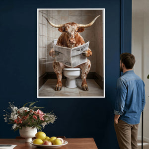 Funny Bathroom Canvas Wall Art, Texas Longhorn on Toilet