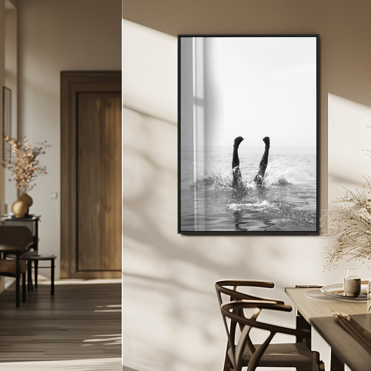 Minimal Ocean Wall Art Canvas Print – Framed Monochrome