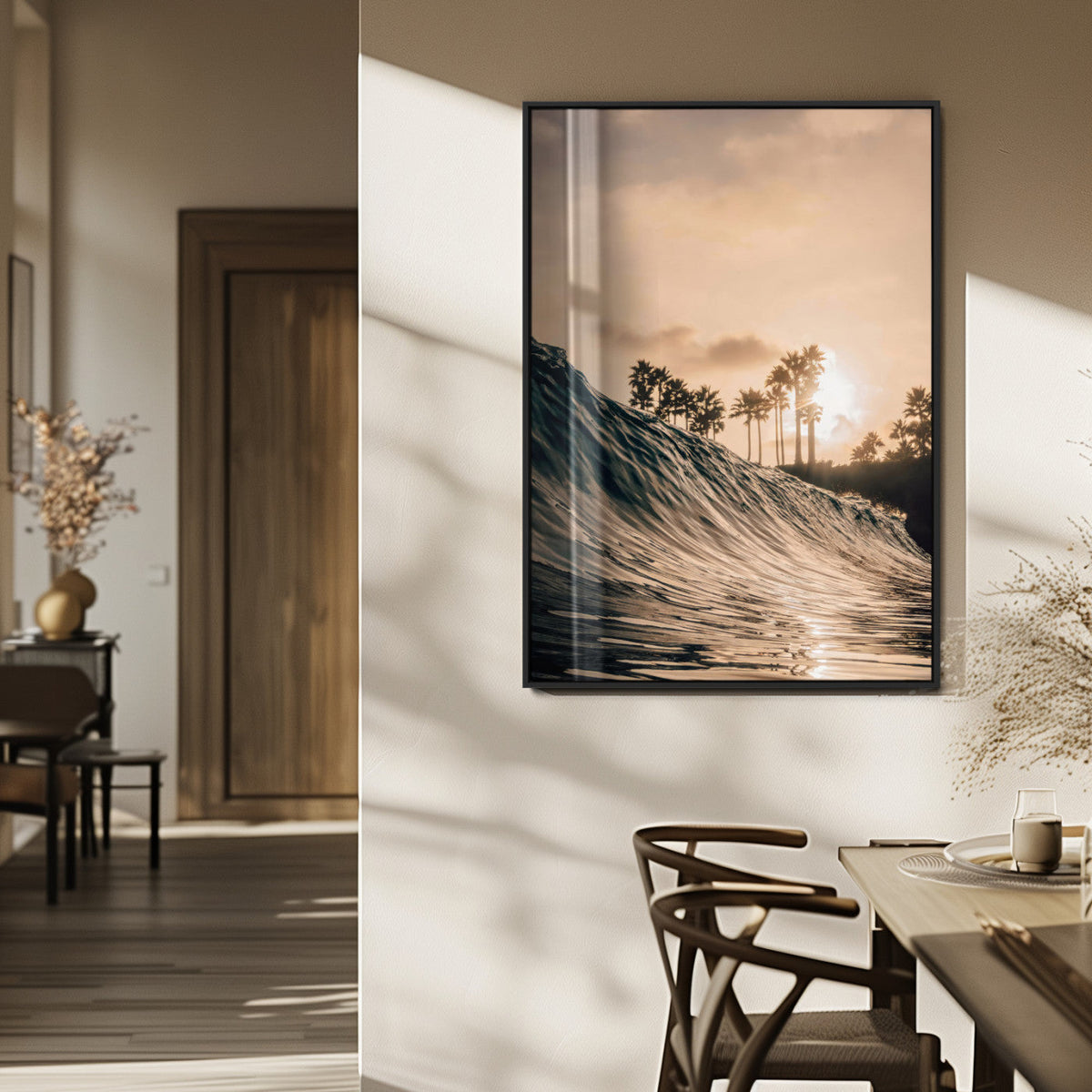 Sunset Wave Ocean Wall Art – Framed Palm Tree Canvas
