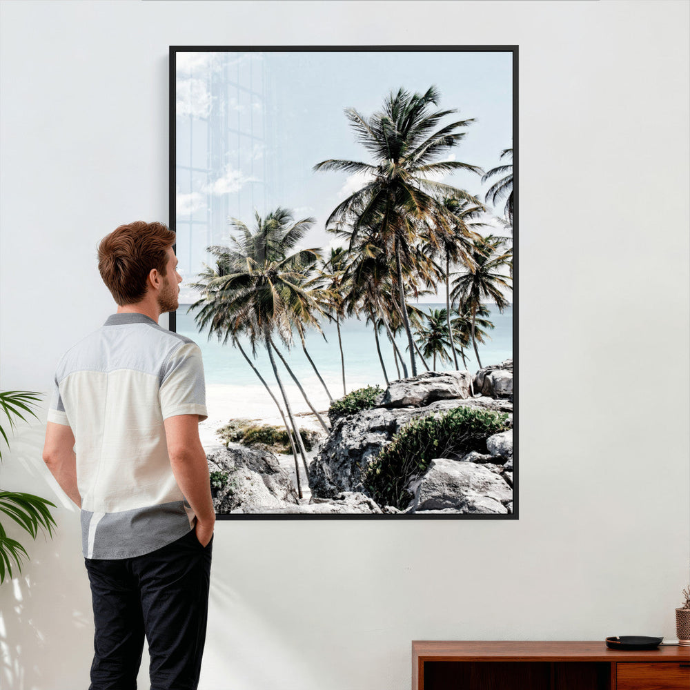 Tropical Trees Beach Wall Art Canvas Print, Coastal Ocean