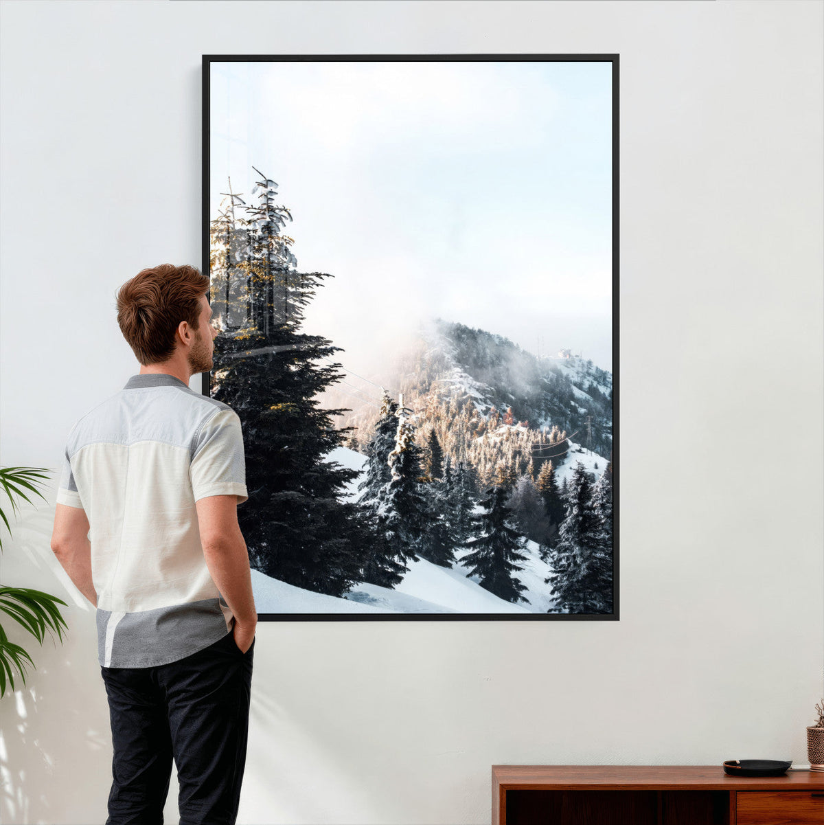 Snowy Mountain Forest Wall Art Canvas Print, Winter Pine