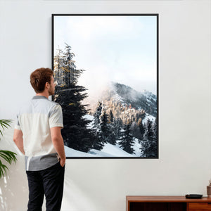 Snowy Mountain Forest Wall Art Canvas Print, Winter Pine