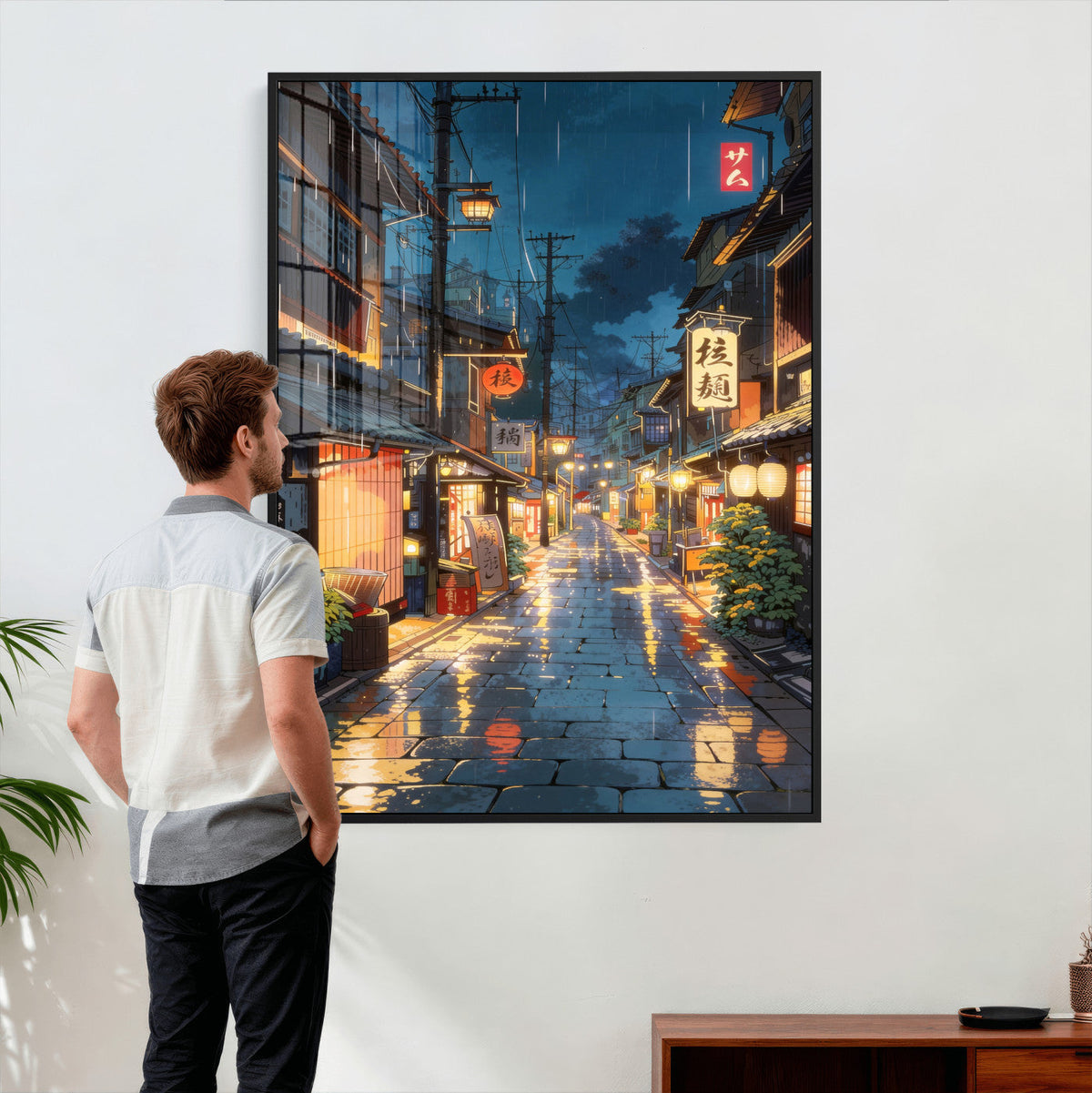 Tokyo Tea House Canvas Wall Art — Japan Rainy Night Street