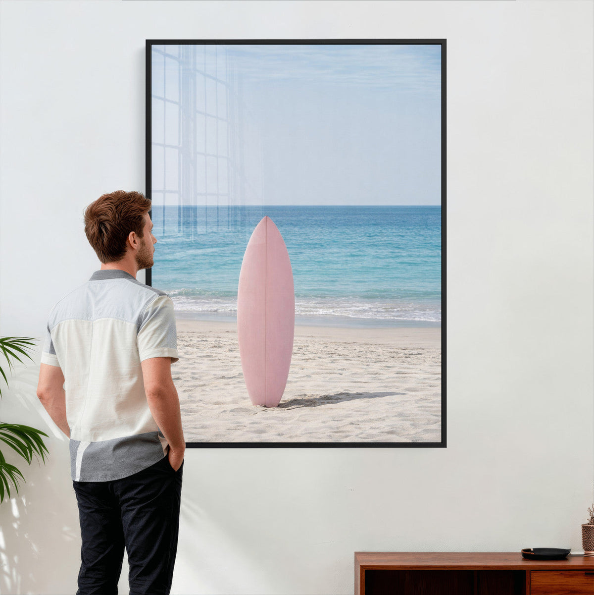 Pink Surfboard Canvas Wall Art, Minimalist Beach Photography