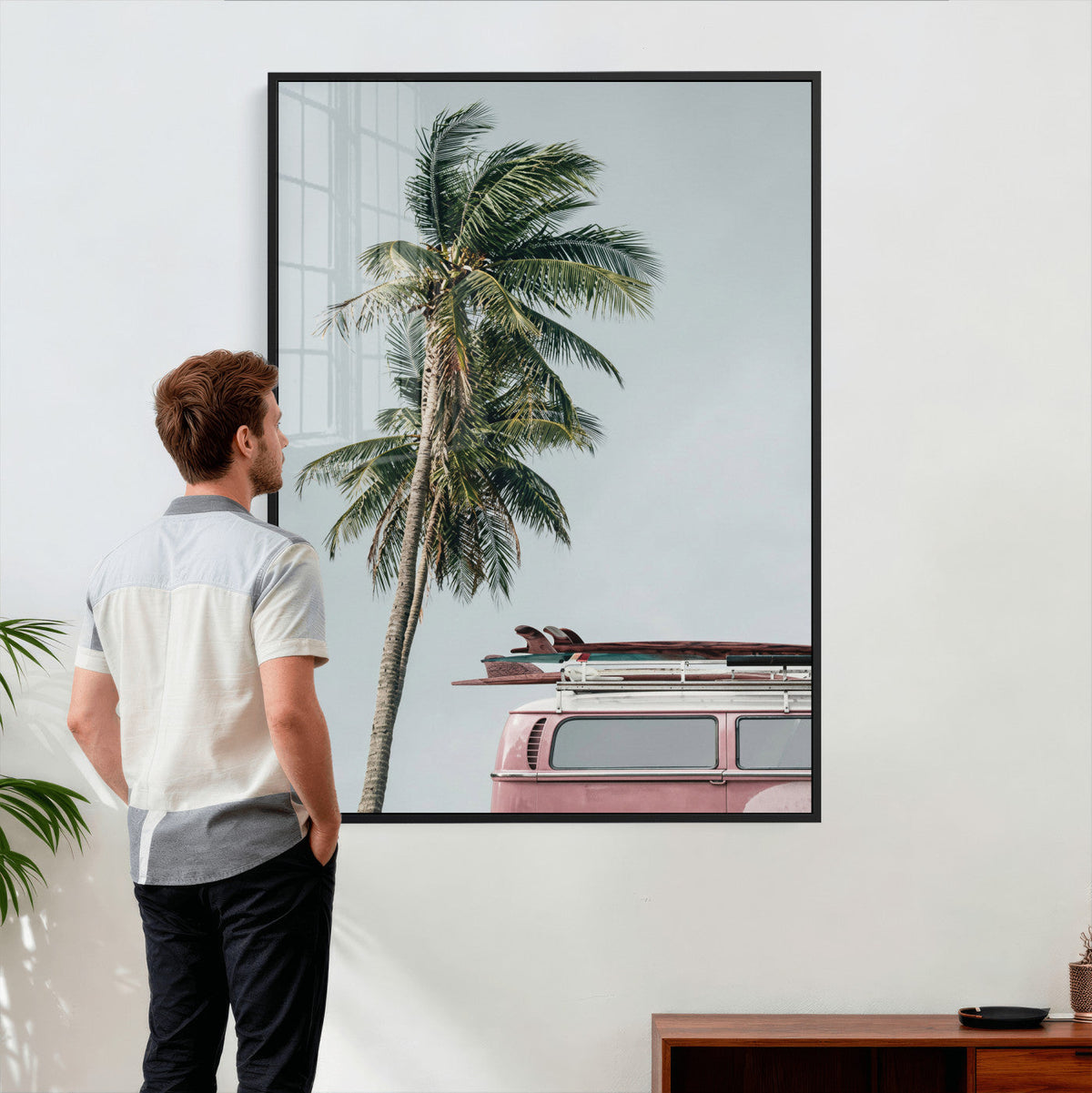 VW Van Palm Tree Canvas Wall Art, Pink Camper Surfboards