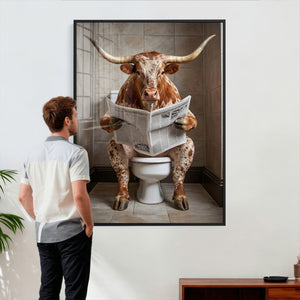 Funny Bathroom Canvas Wall Art, Texas Longhorn on Toilet