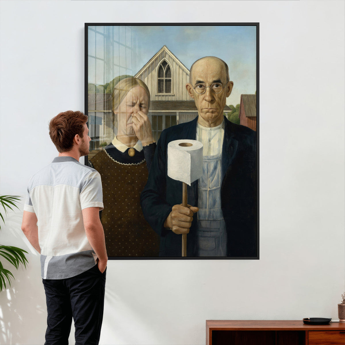 Funny Bathroom Canvas Wall Art, Grant Wood American Gothic