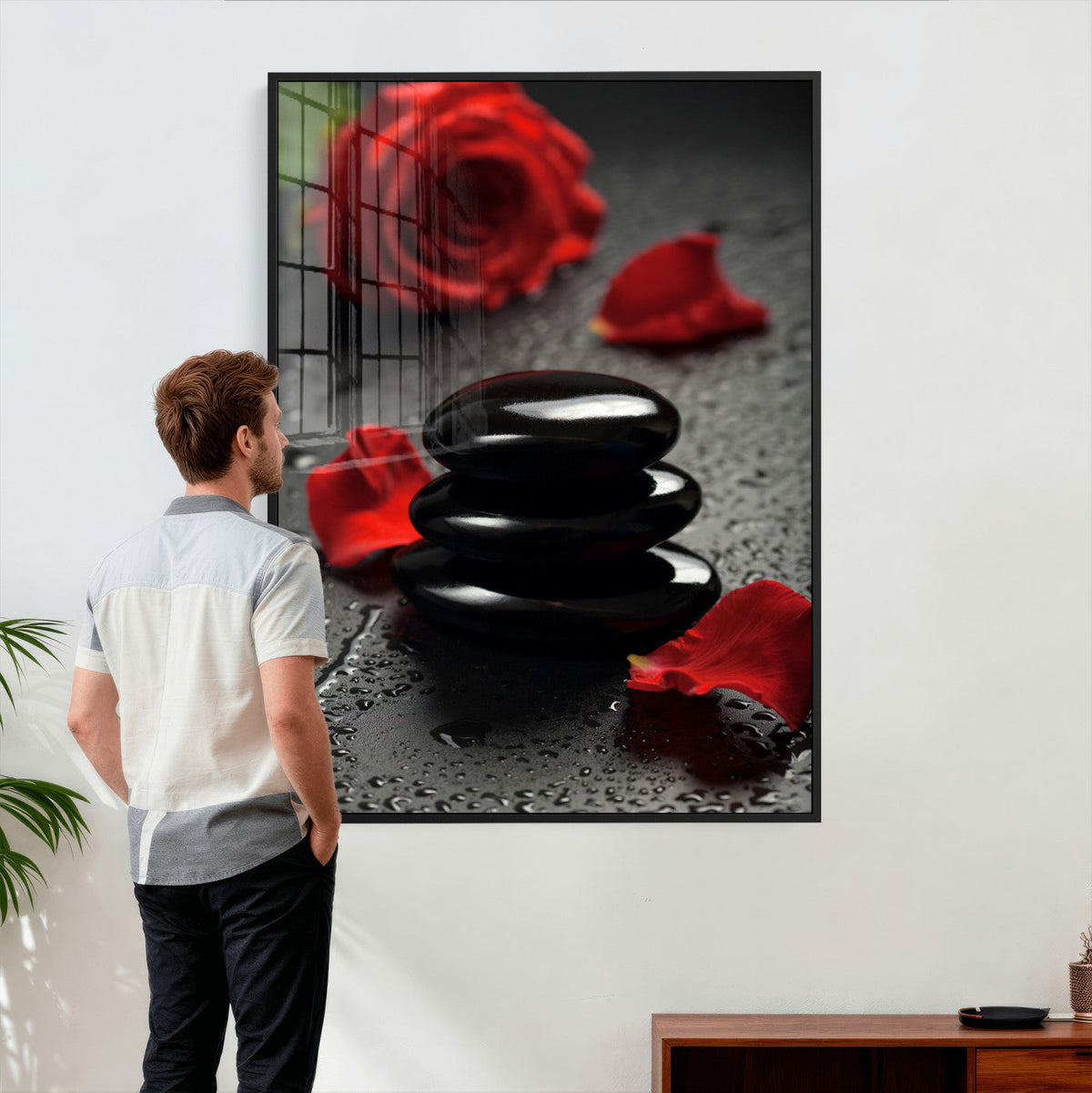 Black Lava Stone Rose Canvas | Red Rose Spa Photography