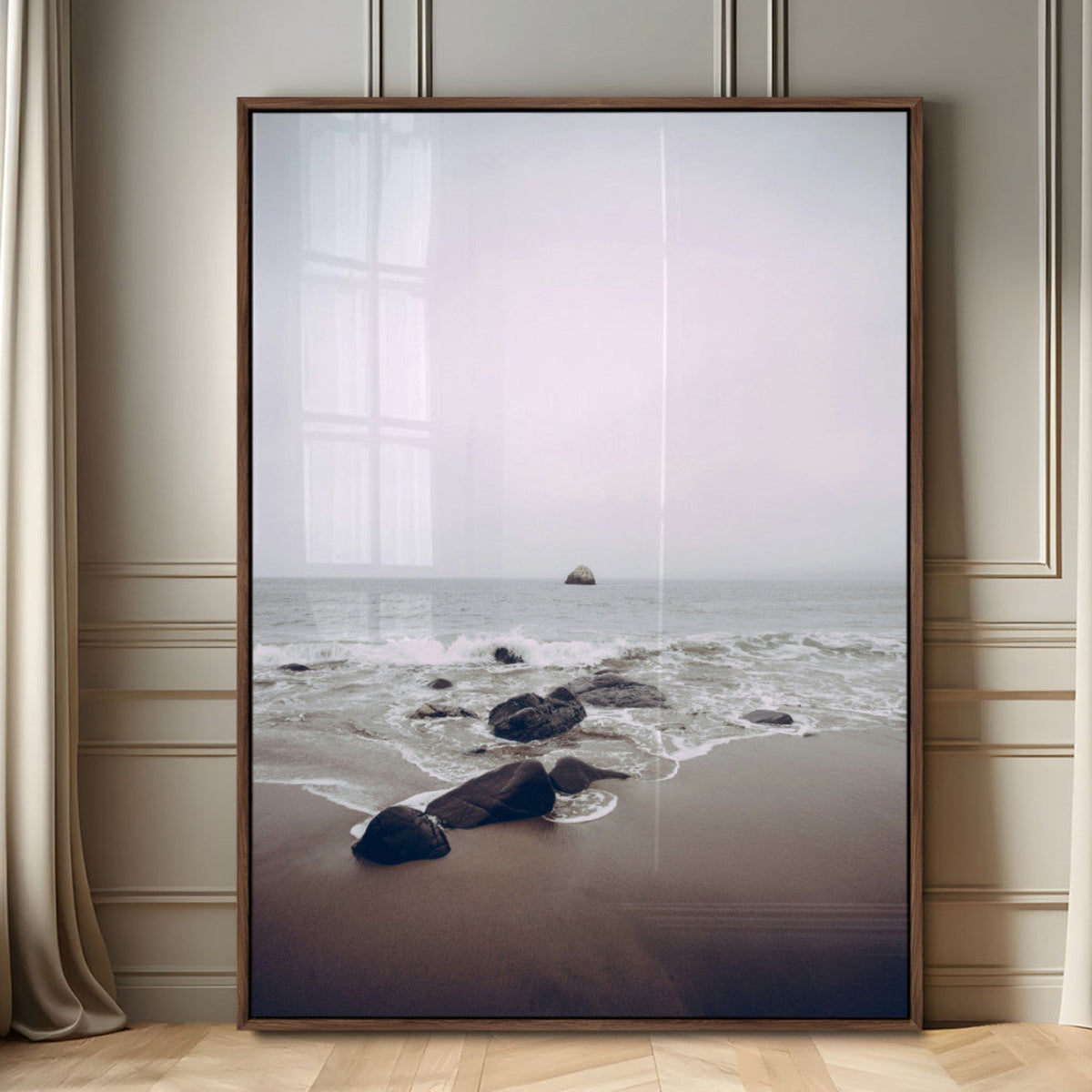 Moody Seascape Wall Art Canvas Print – Framed Neutral Foggy