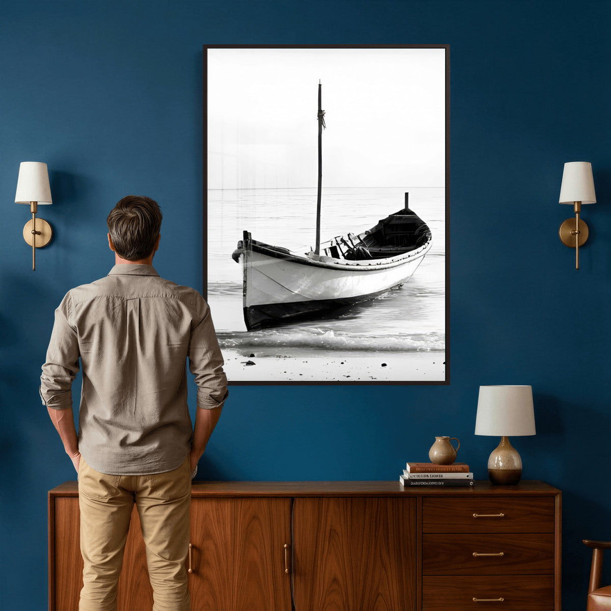 Minimal Boat Wall Art Canvas Print – Black and White Coastal