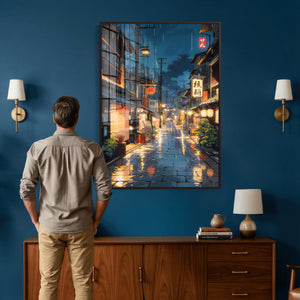 Tokyo Tea House Canvas Wall Art — Japan Rainy Night Street