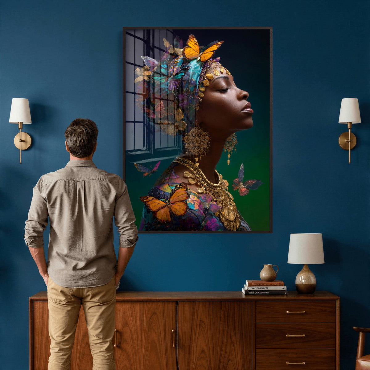 Butterfly Crown Gold Woman Portrait — Monarch Queen Canvas