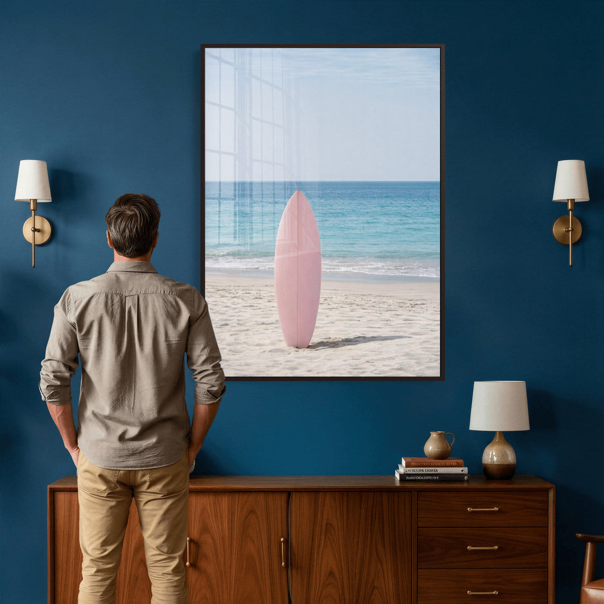 Pink Surfboard Canvas Wall Art, Minimalist Beach Photography