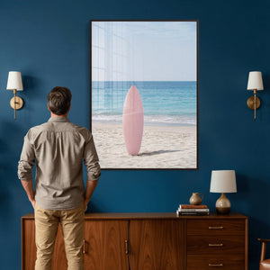 Pink Surfboard Canvas Wall Art, Minimalist Beach Photography