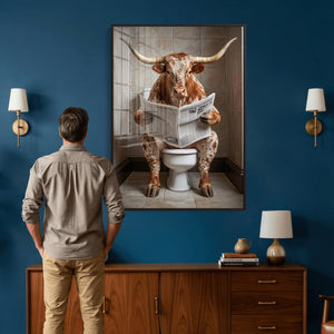 Funny Bathroom Canvas Wall Art, Texas Longhorn on Toilet