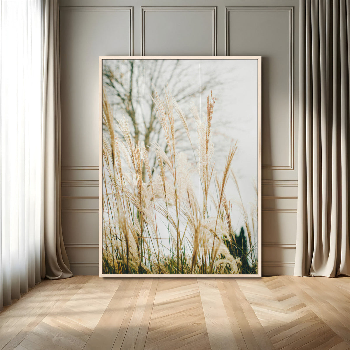 Pampas Grass Wall Art Canvas Print – Framed Neutral Tones