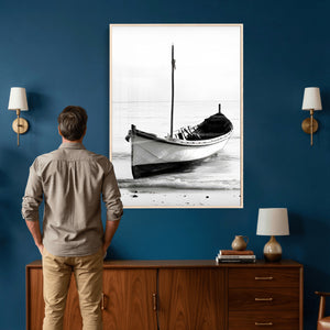 Minimal Boat Wall Art Canvas Print – Black and White Coastal