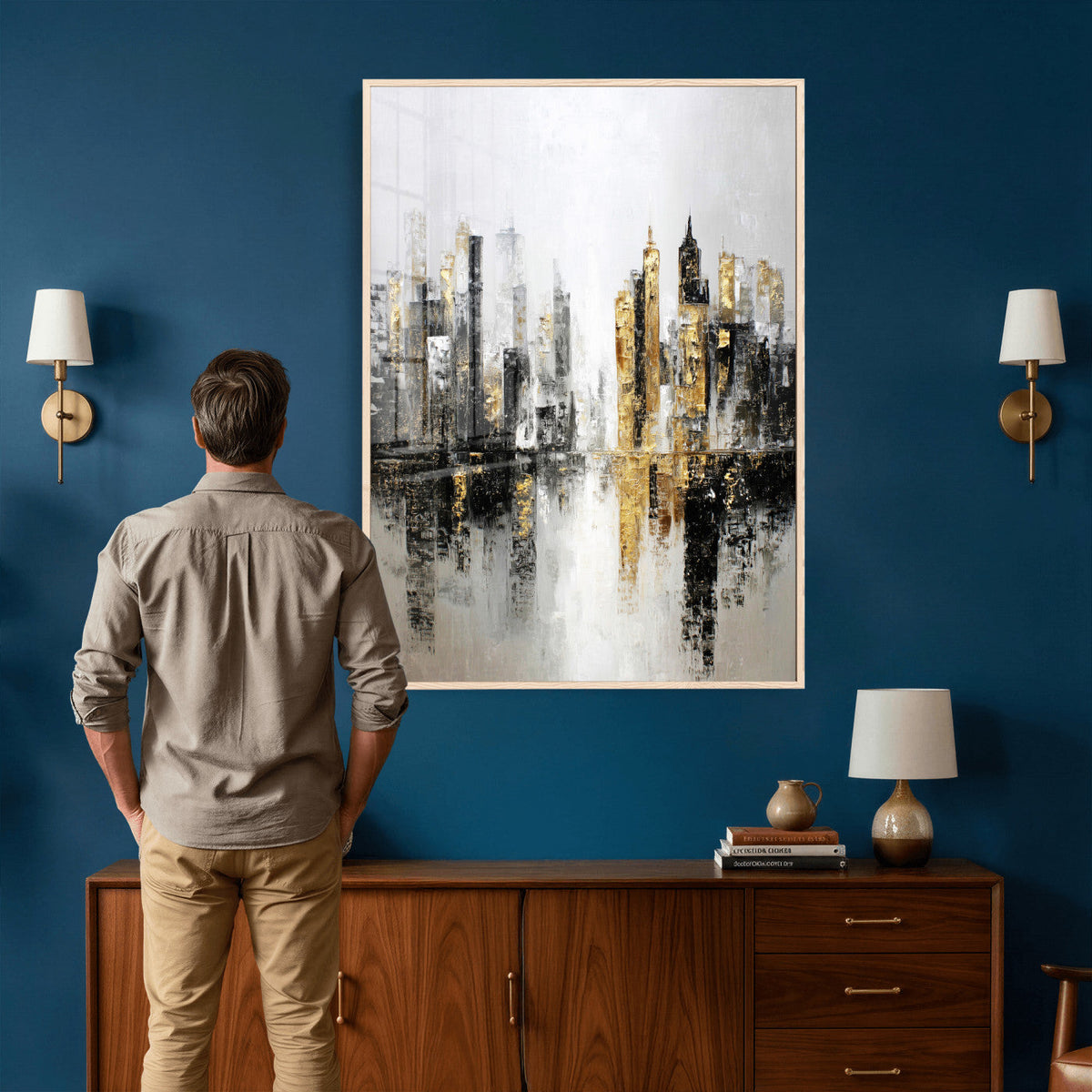 Abstract New York Wall Art Canvas Print, Gold Black Modern