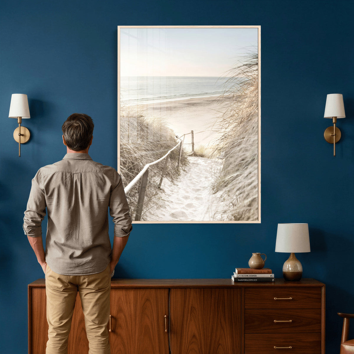 Coastal Beach Path Wall Art Canvas Print – Neutral Ocean