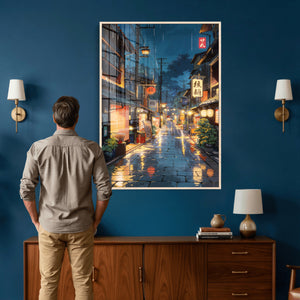 Tokyo Tea House Canvas Wall Art — Japan Rainy Night Street