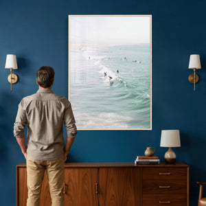 Surfers on Waves Canvas Wall Art, Aerial Ocean Photography