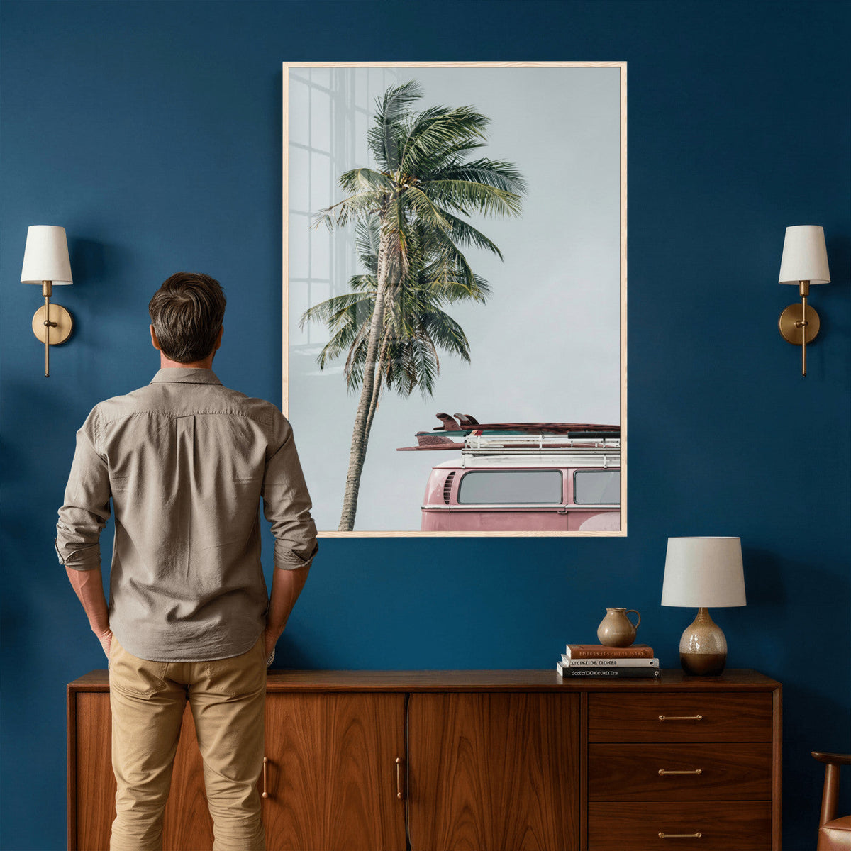 VW Van Palm Tree Canvas Wall Art, Pink Camper Surfboards