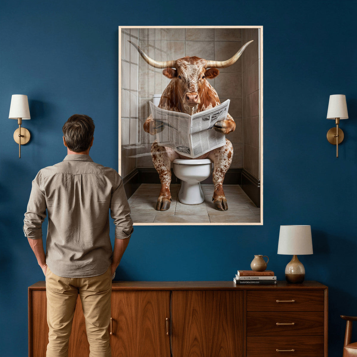 Funny Bathroom Canvas Wall Art, Texas Longhorn on Toilet