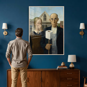 Funny Bathroom Canvas Wall Art, Grant Wood American Gothic